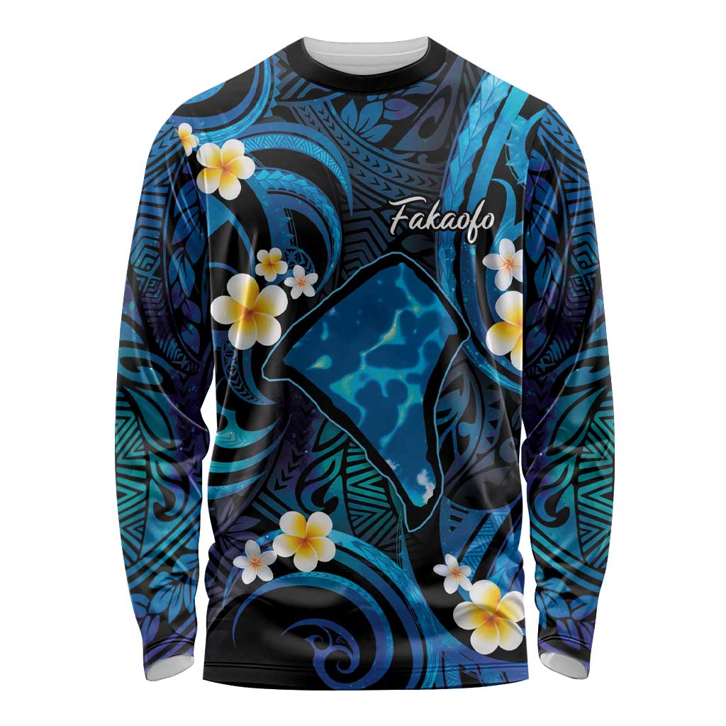 Tokelau Fakaofo Atoll Long Sleeve Shirt Polynesian Tattoo Plumeria With Map LT14 Unisex Blue - Polynesian Pride