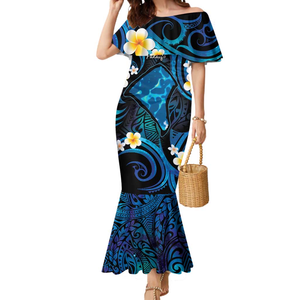 Tokelau Fakaofo Atoll Mermaid Dress Polynesian Tattoo Plumeria With Map LT14 Women Blue - Polynesian Pride