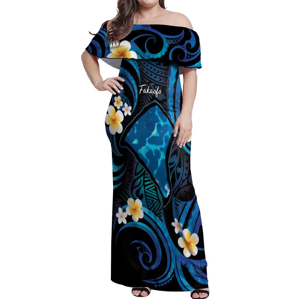 Tokelau Fakaofo Atoll Off Shoulder Maxi Dress Polynesian Tattoo Plumeria With Map LT14 Women Blue - Polynesian Pride