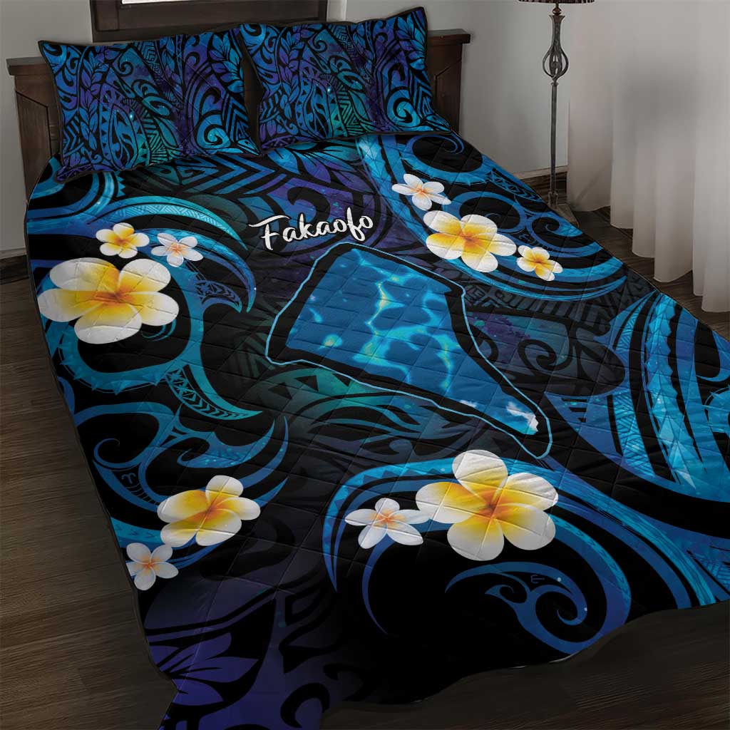 Tokelau Fakaofo Atoll Quilt Bed Set Polynesian Tattoo Plumeria With Map LT14 Blue - Polynesian Pride