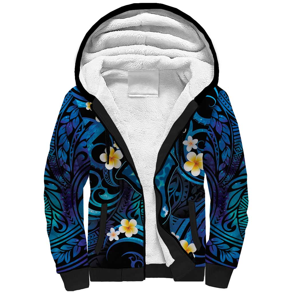 Tokelau Fakaofo Atoll Sherpa Hoodie Polynesian Tattoo Plumeria With Map LT14 Unisex Blue - Polynesian Pride