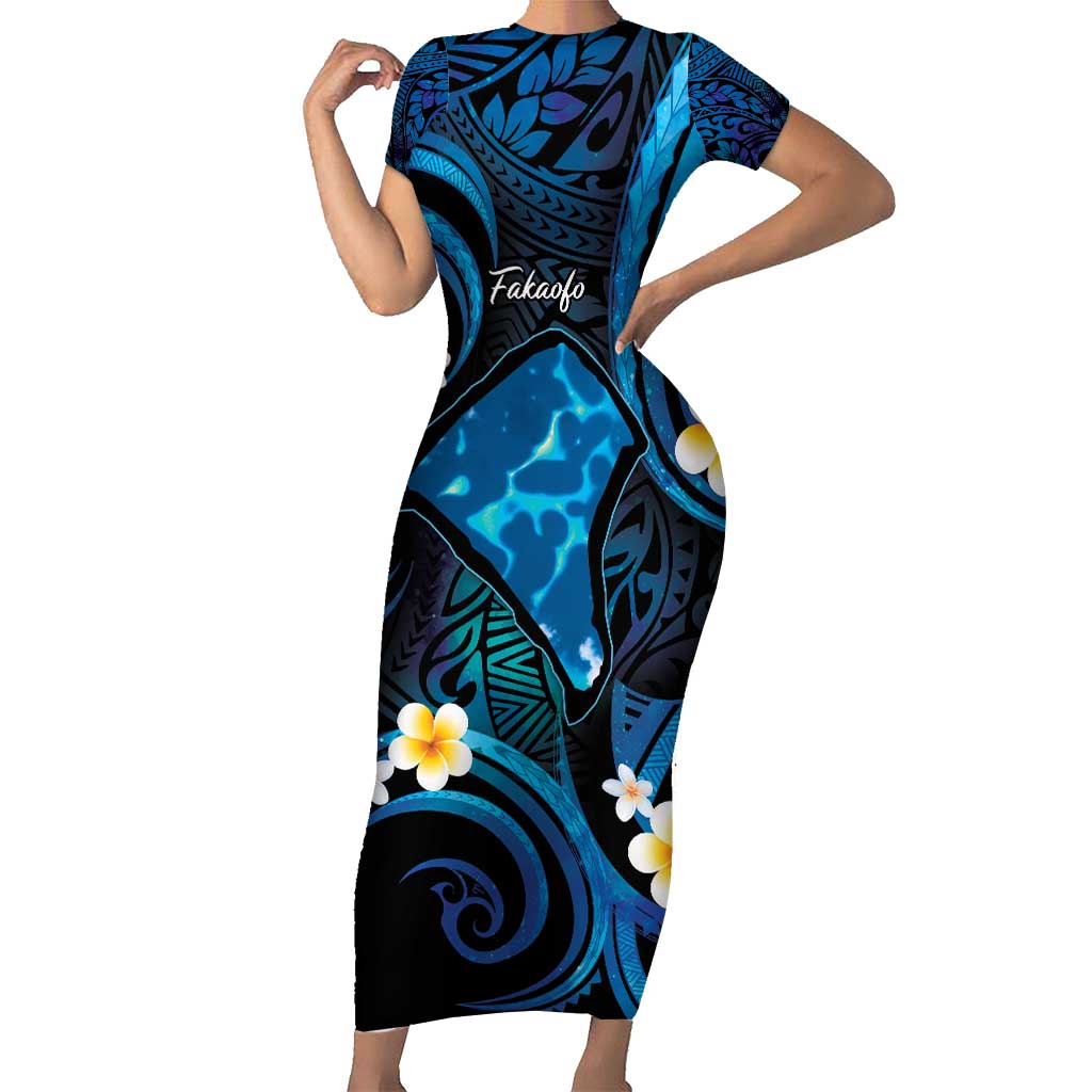 Tokelau Fakaofo Atoll Short Sleeve Bodycon Dress Polynesian Tattoo Plumeria With Map LT14 Long Dress Blue - Polynesian Pride