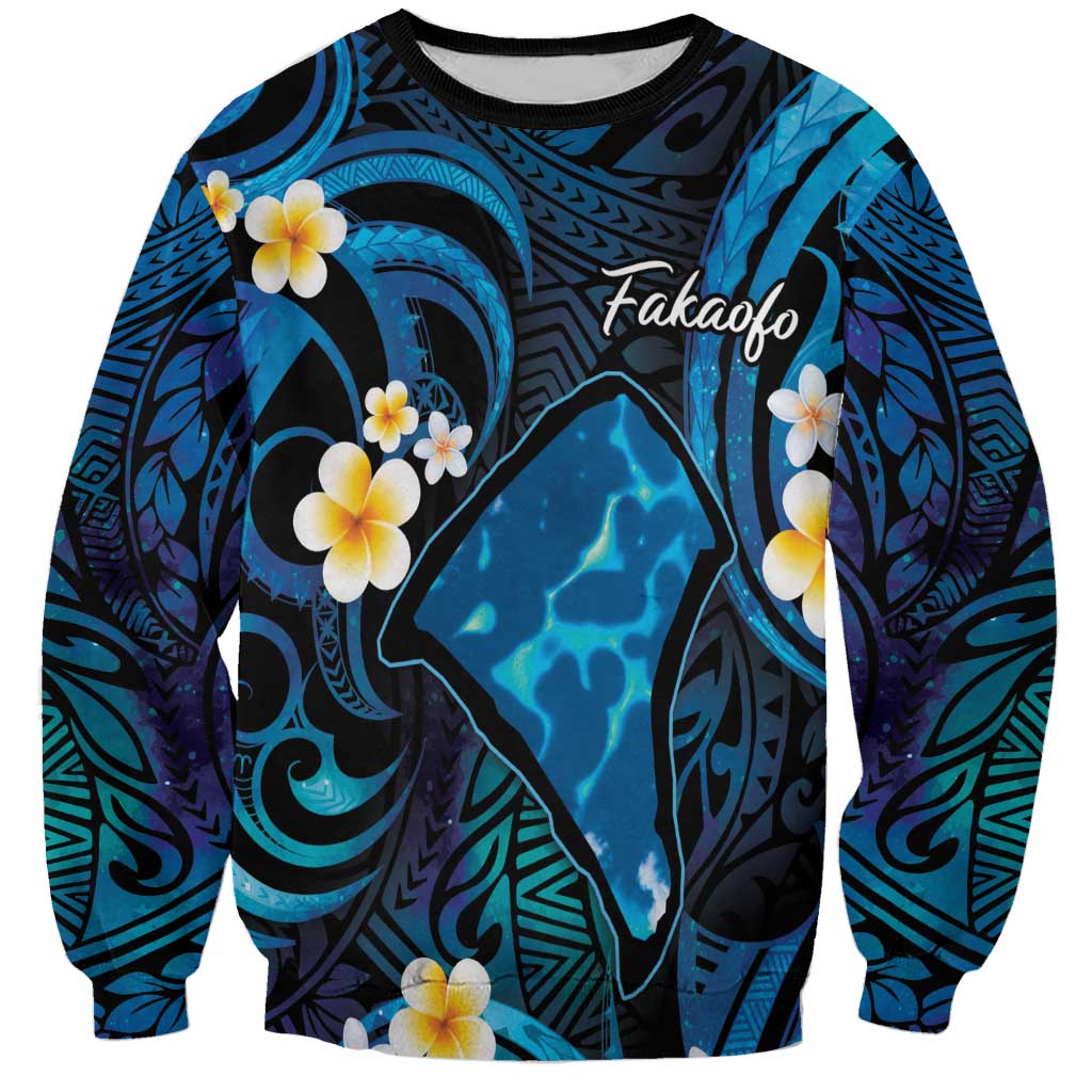 Tokelau Fakaofo Atoll Sweatshirt Polynesian Tattoo Plumeria With Map LT14 Unisex Blue - Polynesian Pride