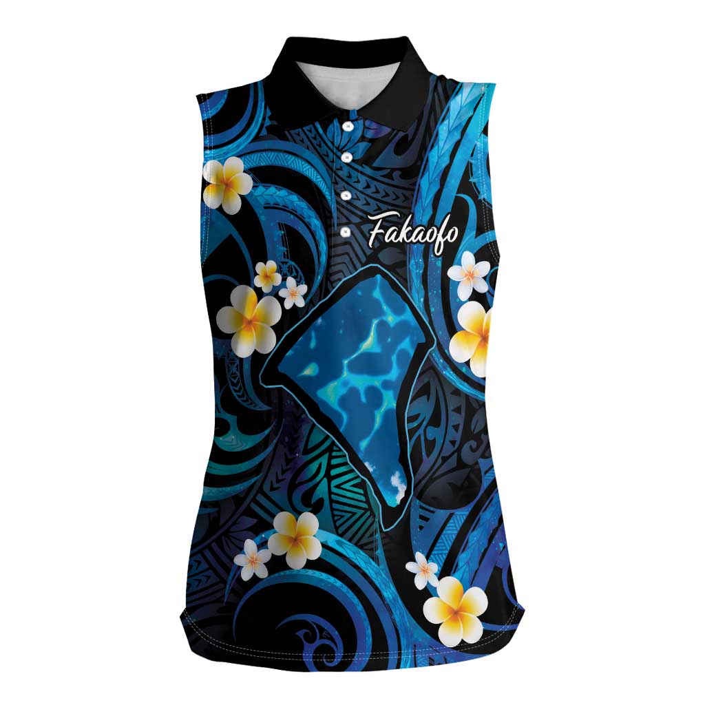 Tokelau Fakaofo Atoll Women Sleeveless Polo Shirt Polynesian Tattoo Plumeria With Map LT14 Female Blue - Polynesian Pride