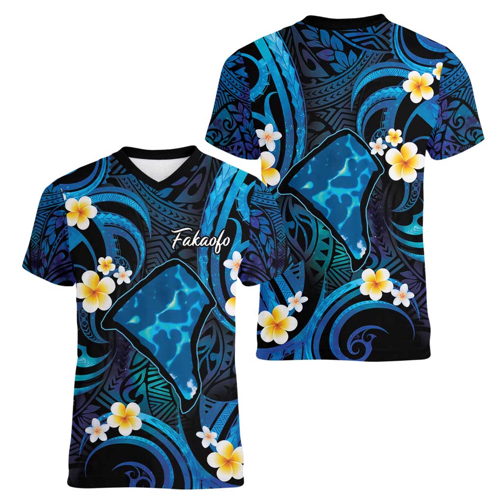 Tokelau Fakaofo Atoll Women V-Neck T-Shirt Polynesian Tattoo Plumeria With Map