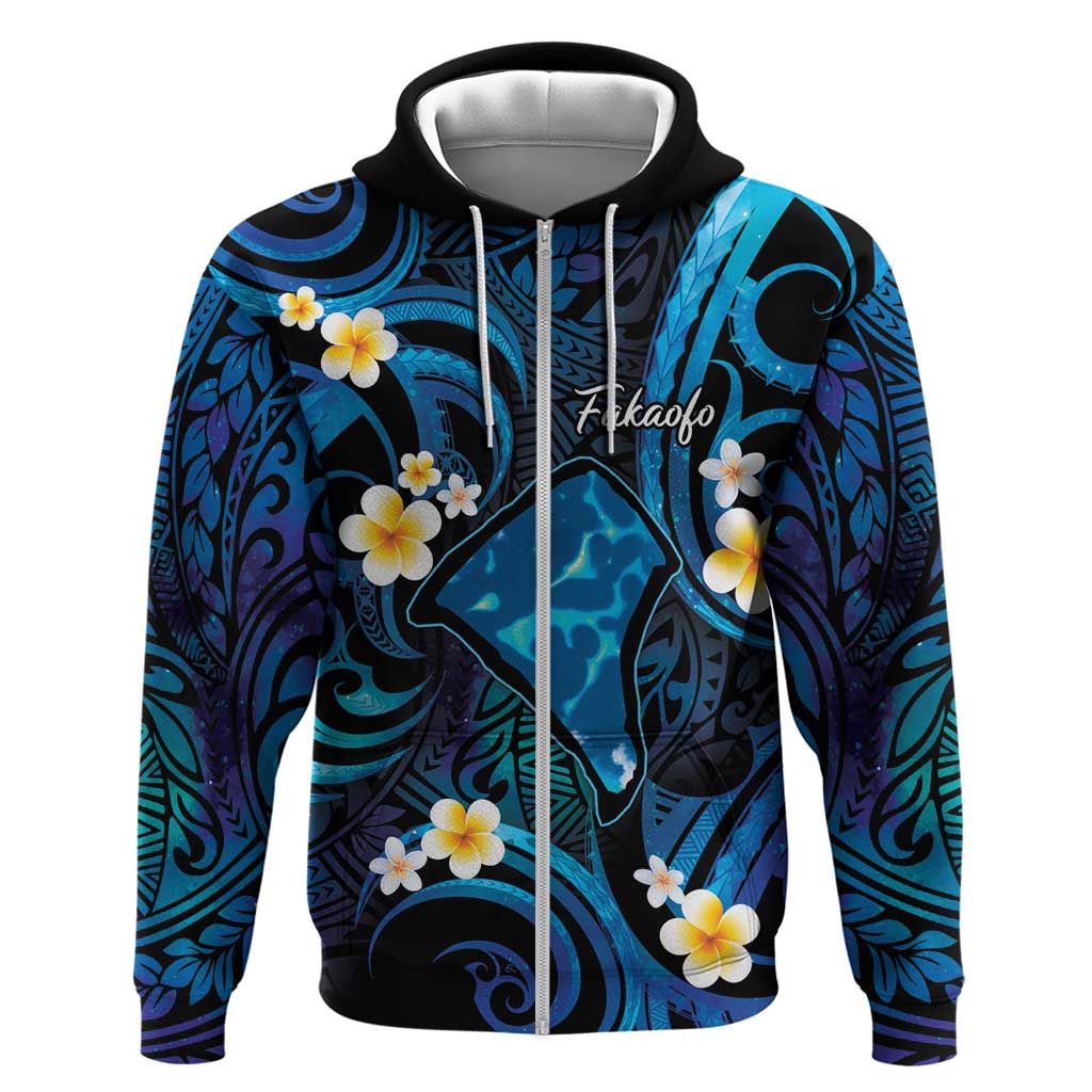 Tokelau Fakaofo Atoll Zip Hoodie Polynesian Tattoo Plumeria With Map LT14 Zip Hoodie Blue - Polynesian Pride