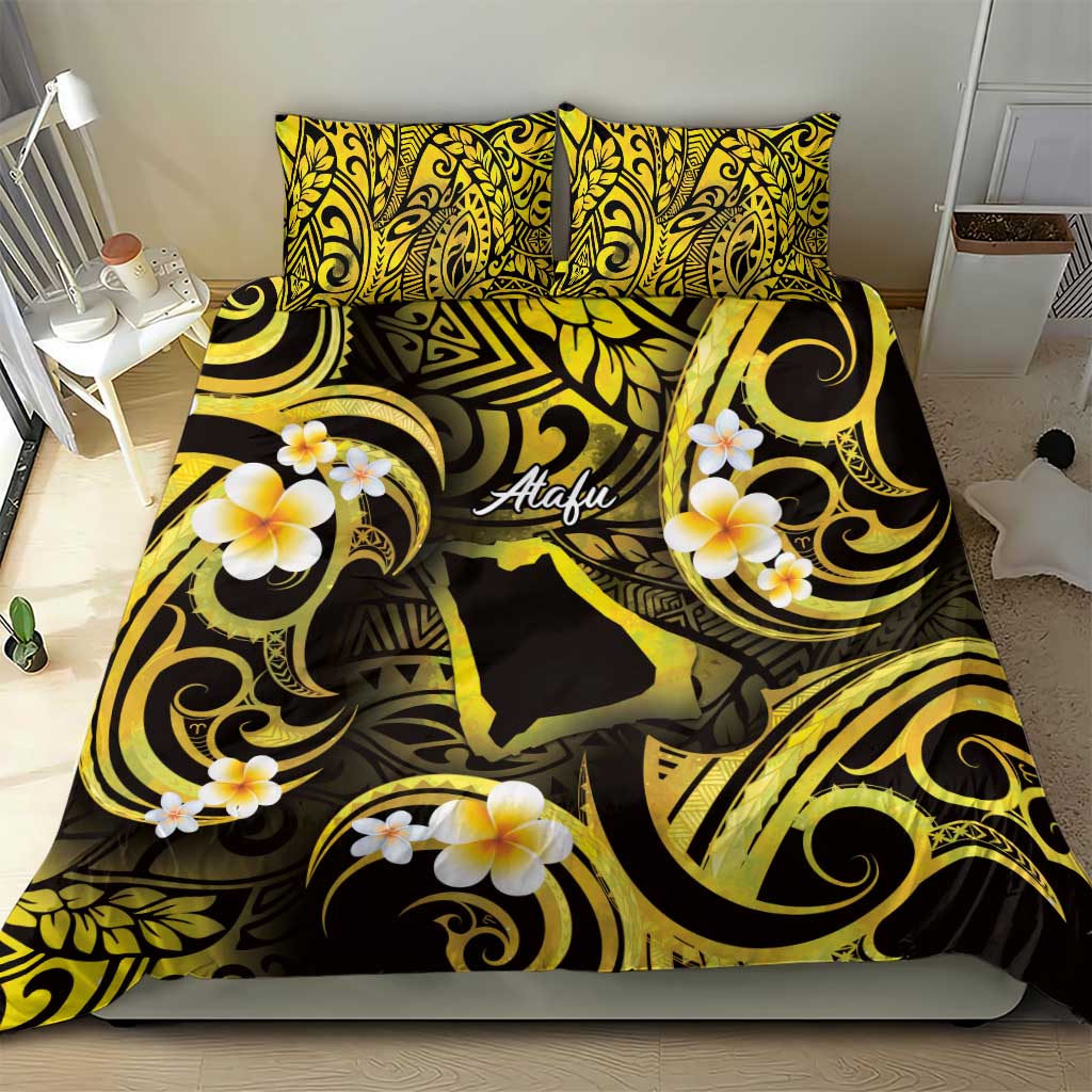 Tokelau Atafu Atoll Bedding Set Polynesian Tattoo Plumeria With Map