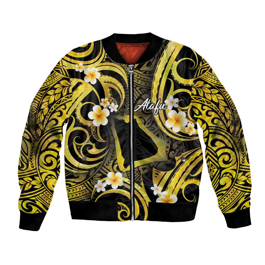 Tokelau Atafu Atoll Bomber Jacket Polynesian Tattoo Plumeria With Map LT14 Unisex Gold - Polynesian Pride