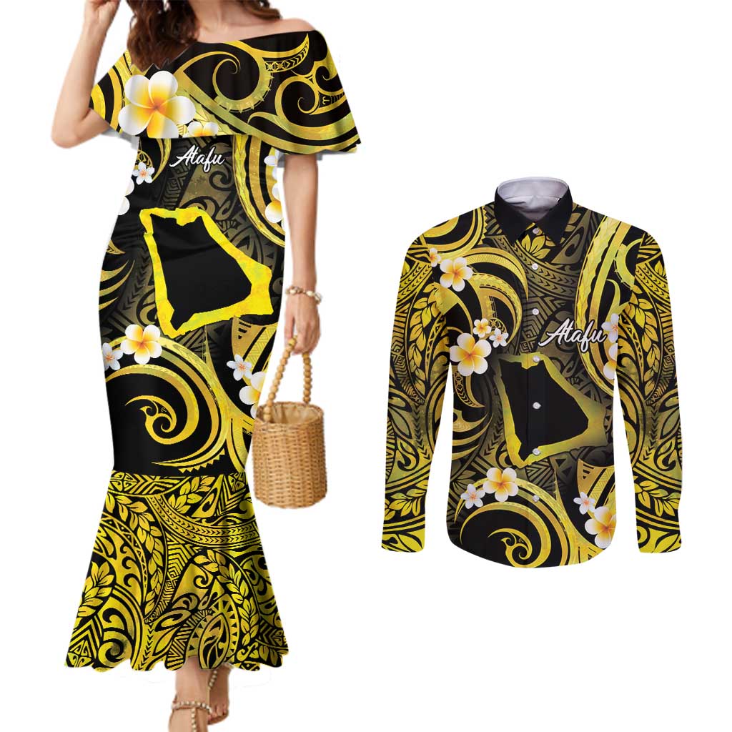 Tokelau Atafu Atoll Couples Matching Mermaid Dress and Long Sleeve Button Shirt Polynesian Tattoo Plumeria With Map LT14 Gold - Polynesian Pride