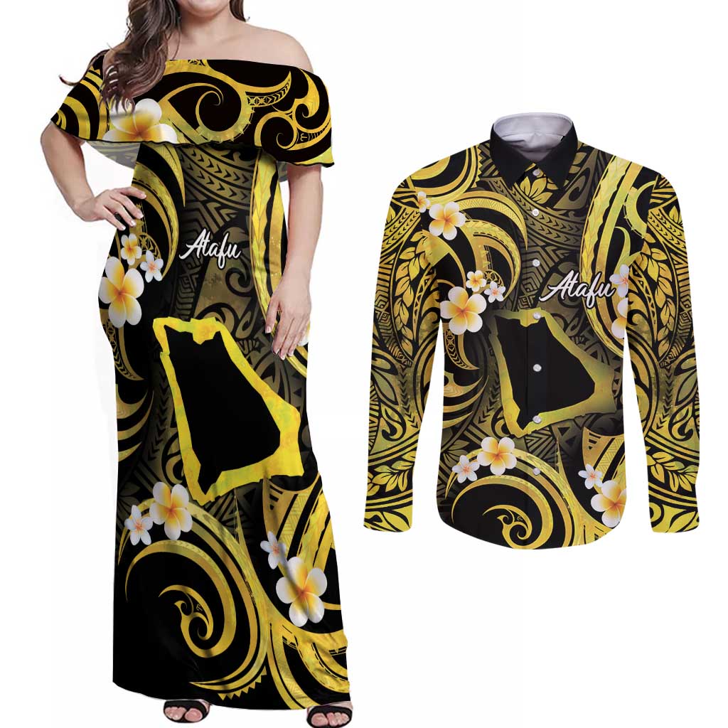 Tokelau Atafu Atoll Couples Matching Off Shoulder Maxi Dress and Long Sleeve Button Shirt Polynesian Tattoo Plumeria With Map LT14 Gold - Polynesian Pride