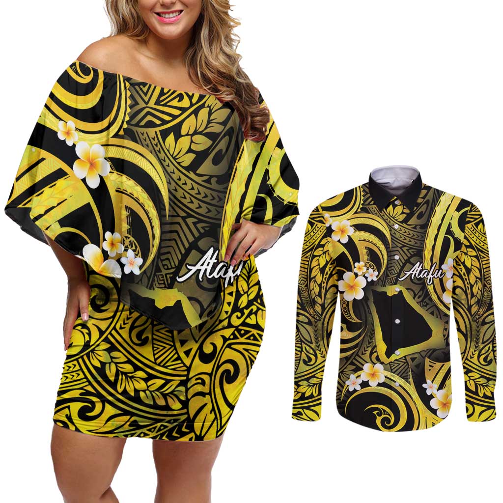 Tokelau Atafu Atoll Couples Matching Off Shoulder Short Dress and Long Sleeve Button Shirt Polynesian Tattoo Plumeria With Map LT14 Gold - Polynesian Pride
