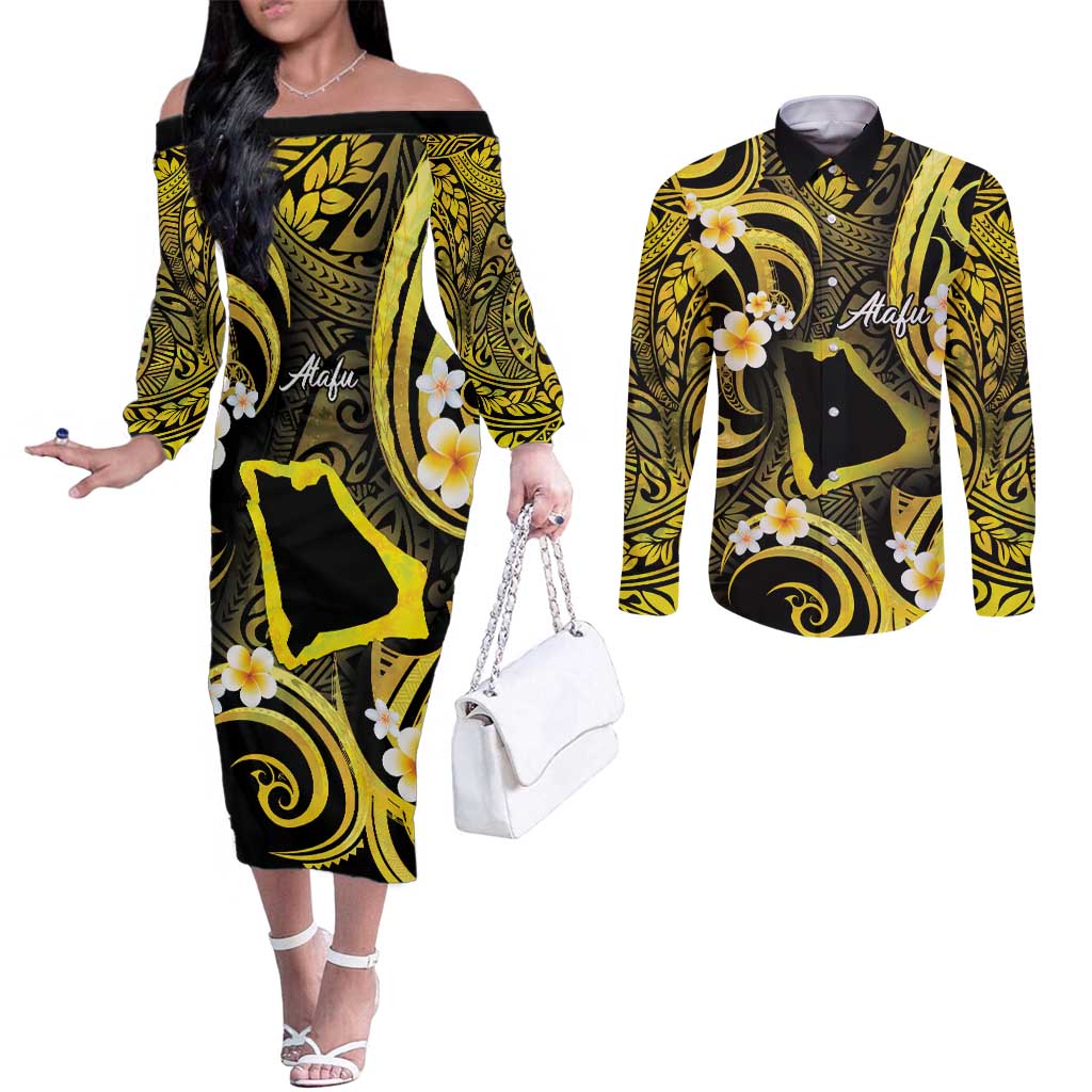 Tokelau Atafu Atoll Couples Matching Off The Shoulder Long Sleeve Dress and Long Sleeve Button Shirt Polynesian Tattoo Plumeria With Map LT14 Gold - Polynesian Pride