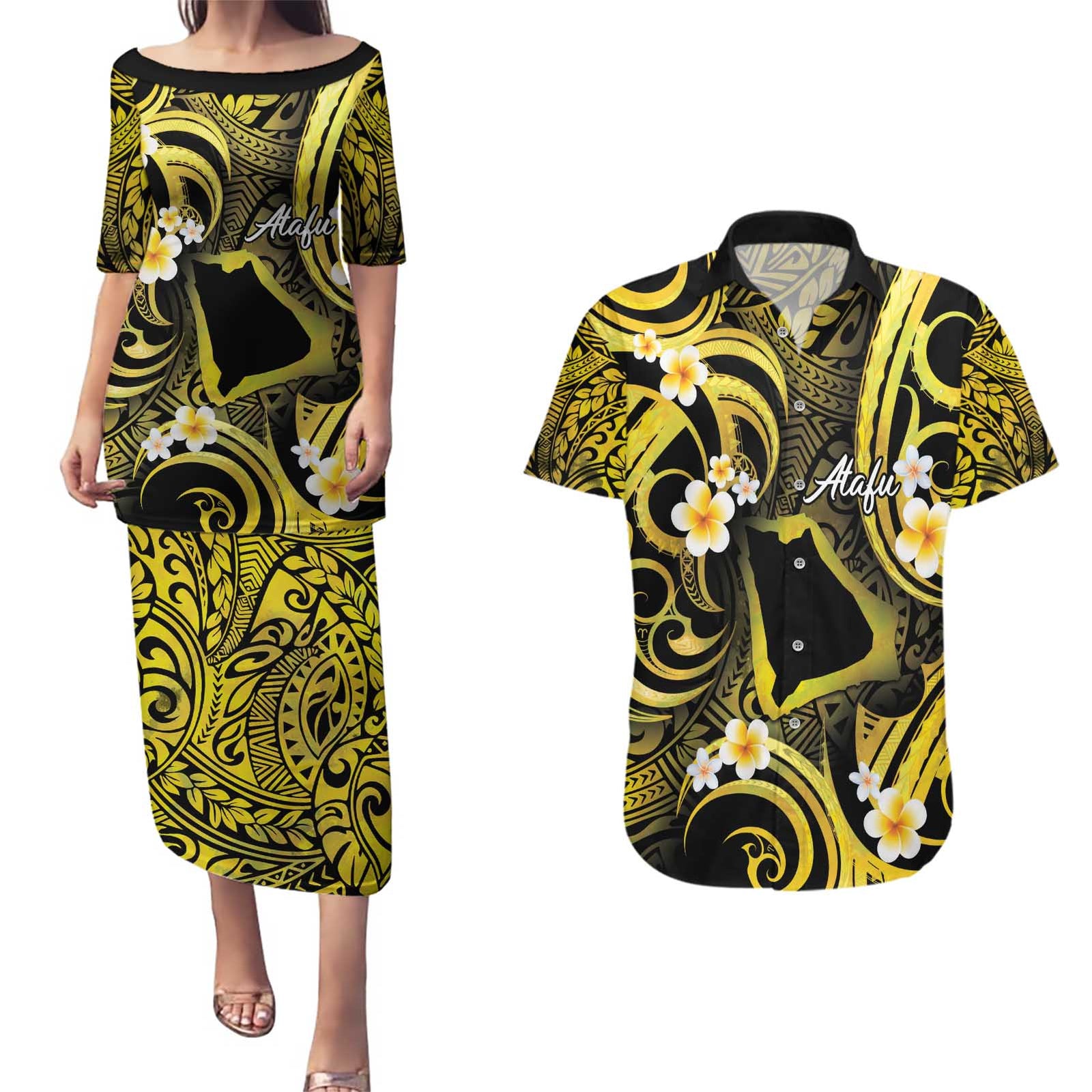 Tokelau Atafu Atoll Couples Matching Puletasi and Hawaiian Shirt Polynesian Tattoo Plumeria With Map LT14 Gold - Polynesian Pride