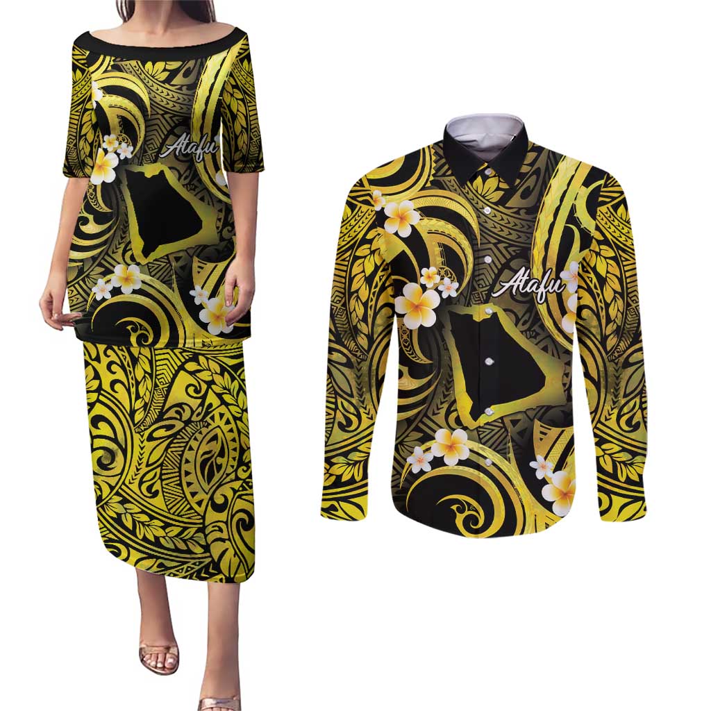 Tokelau Atafu Atoll Couples Matching Puletasi and Long Sleeve Button Shirt Polynesian Tattoo Plumeria With Map LT14 Gold - Polynesian Pride