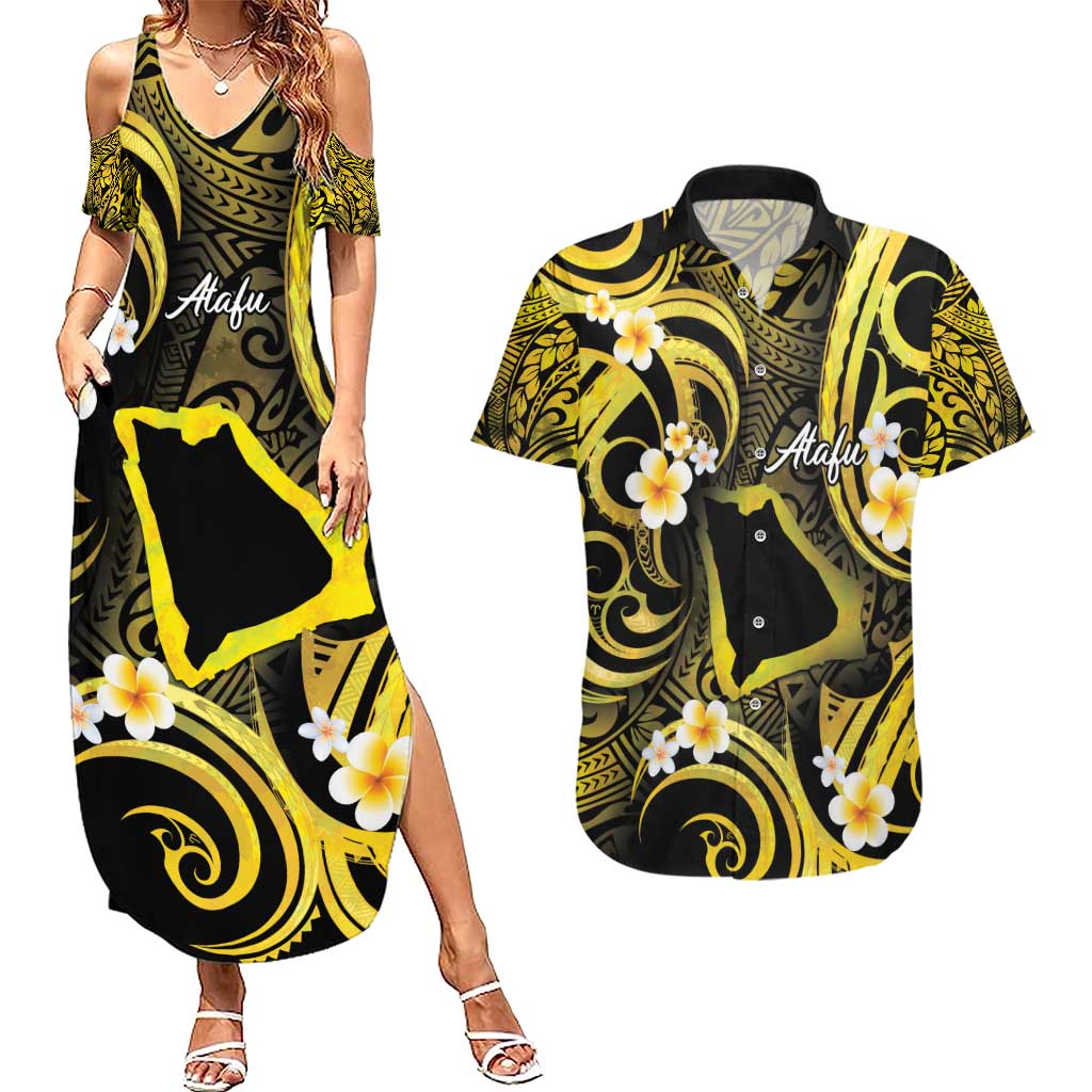 Tokelau Atafu Atoll Couples Matching Summer Maxi Dress and Hawaiian Shirt Polynesian Tattoo Plumeria With Map LT14 Gold - Polynesian Pride