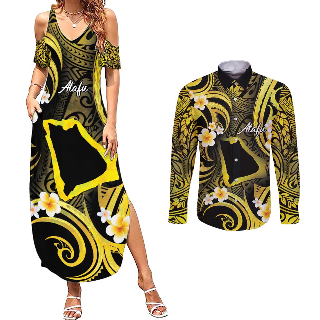Tokelau Atafu Atoll Couples Matching Summer Maxi Dress and Long Sleeve Button Shirt Polynesian Tattoo Plumeria With Map LT14 Gold - Polynesian Pride