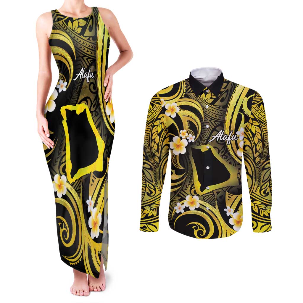 Tokelau Atafu Atoll Couples Matching Tank Maxi Dress and Long Sleeve Button Shirt Polynesian Tattoo Plumeria With Map LT14 Gold - Polynesian Pride