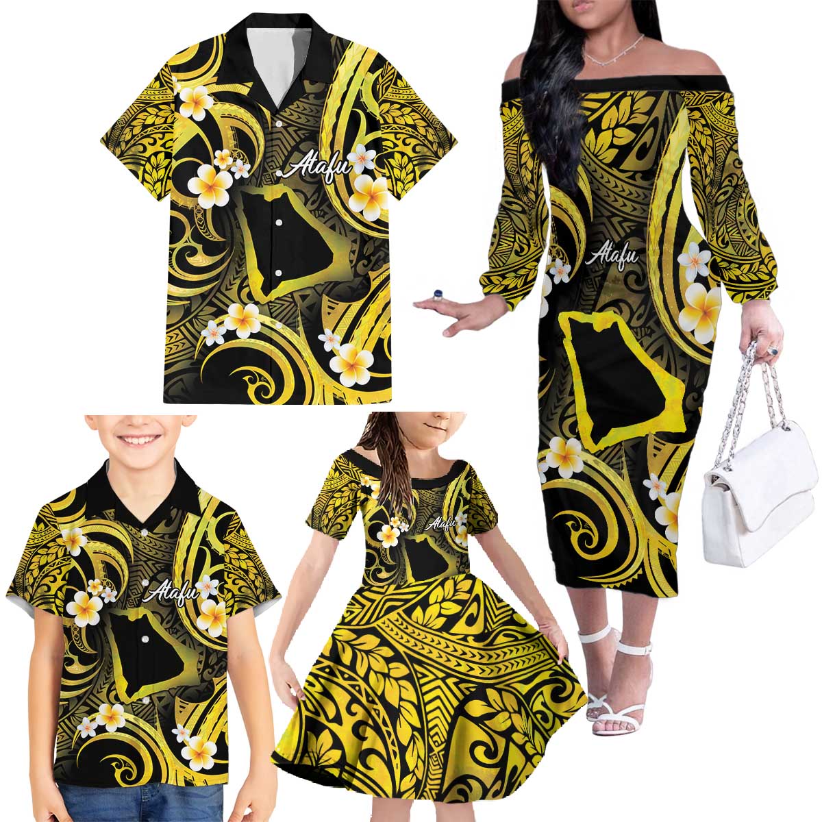 Tokelau Atafu Atoll Family Matching Off The Shoulder Long Sleeve Dress and Hawaiian Shirt Polynesian Tattoo Plumeria With Map LT14 - Polynesian Pride