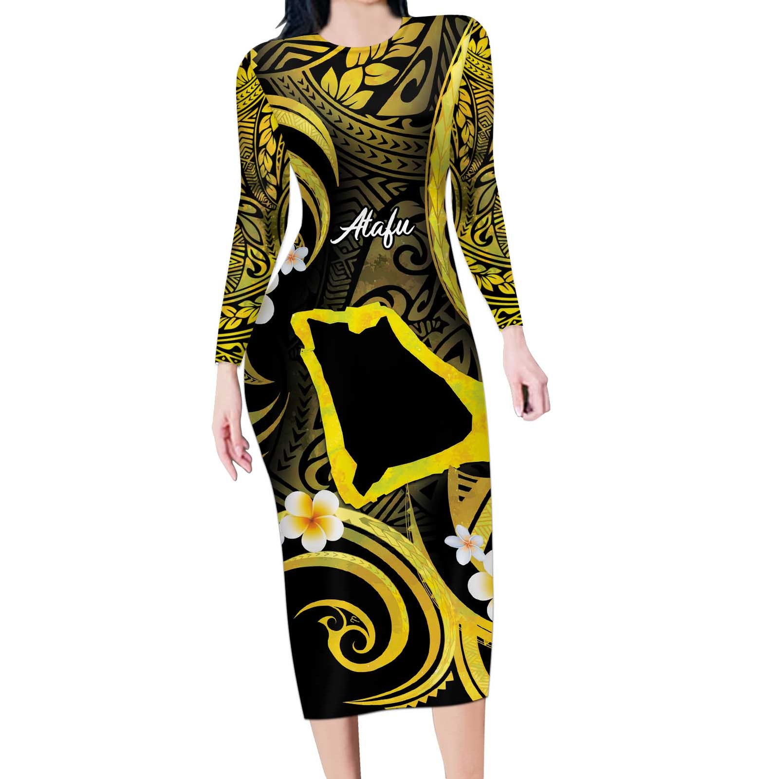 Tokelau Atafu Atoll Long Sleeve Bodycon Dress Polynesian Tattoo Plumeria With Map LT14 Long Dress Gold - Polynesian Pride