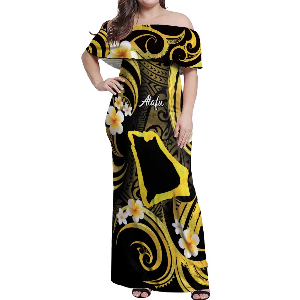 Tokelau Atafu Atoll Off Shoulder Maxi Dress Polynesian Tattoo Plumeria With Map LT14 Women Gold - Polynesian Pride