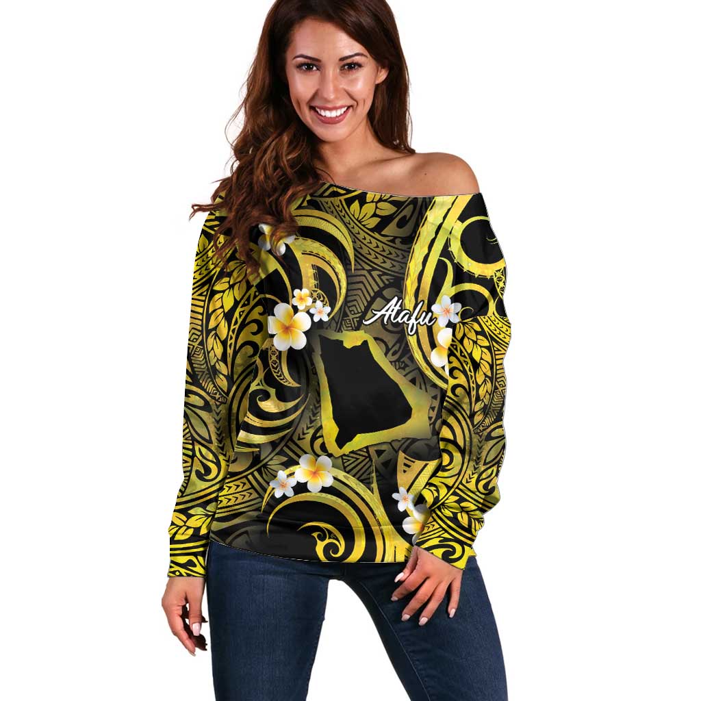 Tokelau Atafu Atoll Off Shoulder Sweater Polynesian Tattoo Plumeria With Map LT14 Women Gold - Polynesian Pride