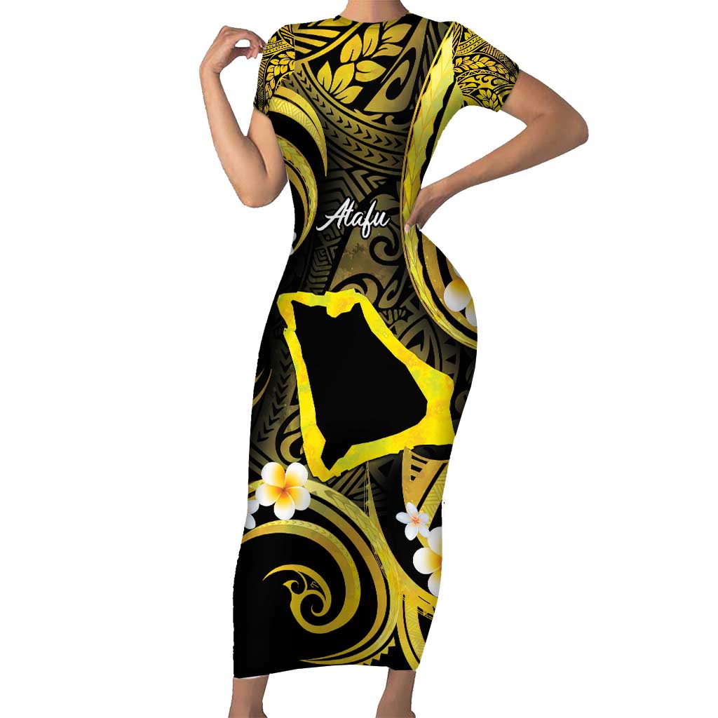Tokelau Atafu Atoll Short Sleeve Bodycon Dress Polynesian Tattoo Plumeria With Map LT14 Long Dress Gold - Polynesian Pride