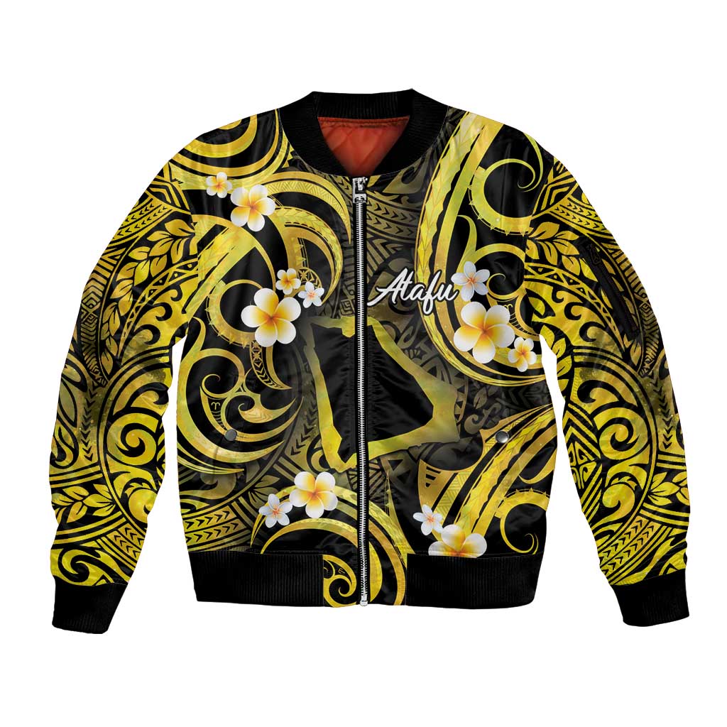 Tokelau Atafu Atoll Sleeve Zip Bomber Jacket Polynesian Tattoo Plumeria With Map LT14 Unisex Gold - Polynesian Pride