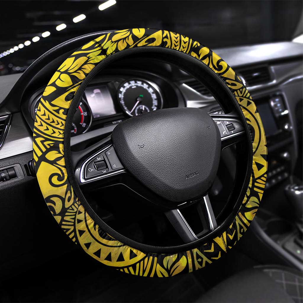 Tokelau Atafu Atoll Steering Wheel Cover Polynesian Tattoo Plumeria With Map LT14 Universal Fit Gold - Polynesian Pride