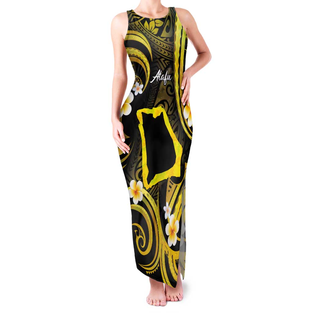 Tokelau Atafu Atoll Tank Maxi Dress Polynesian Tattoo Plumeria With Map LT14 Women Gold - Polynesian Pride