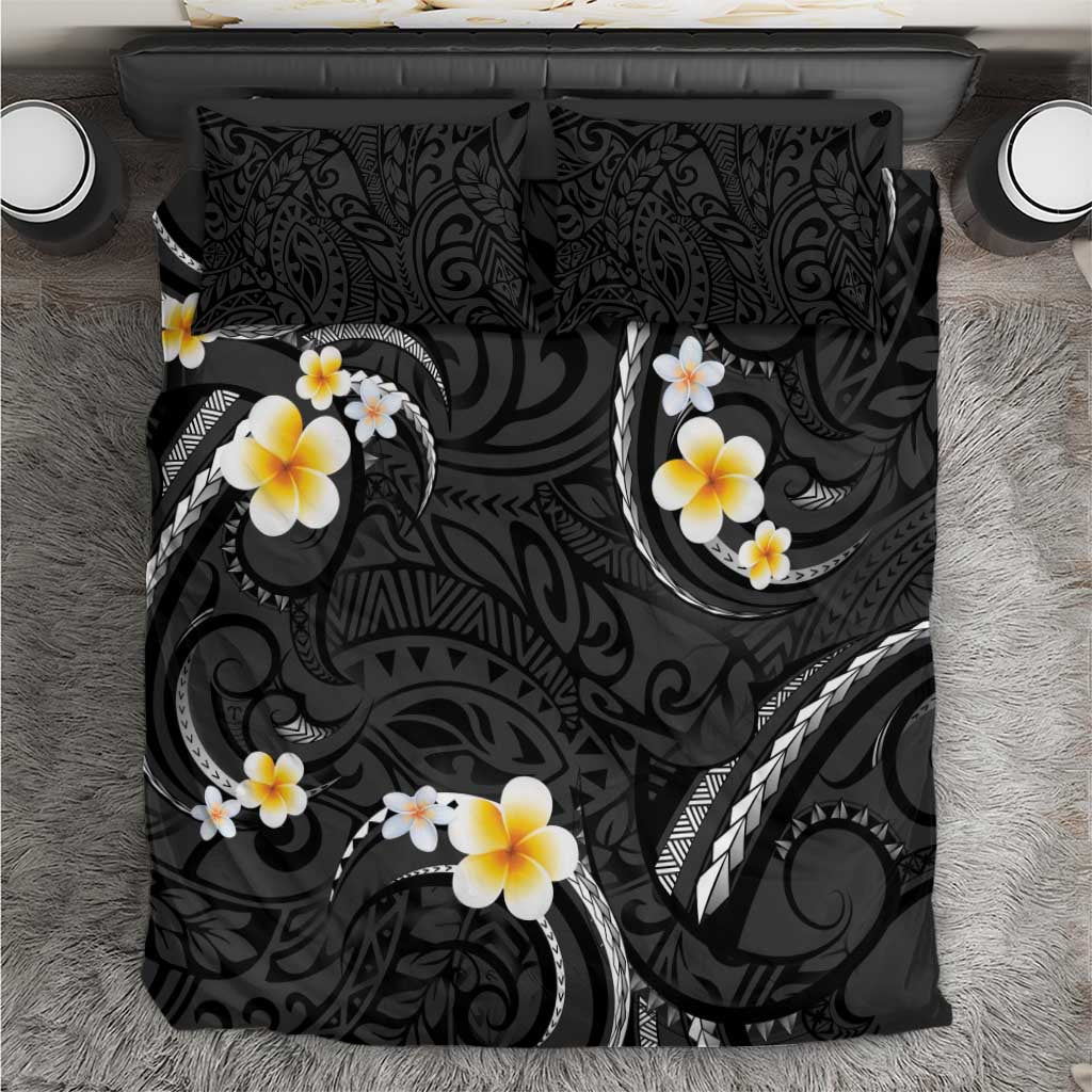 Black And Gray Bedding Set Curves Polynesian Tattoo Mix Plumeria Flowers LT14 Gray - Polynesian Pride