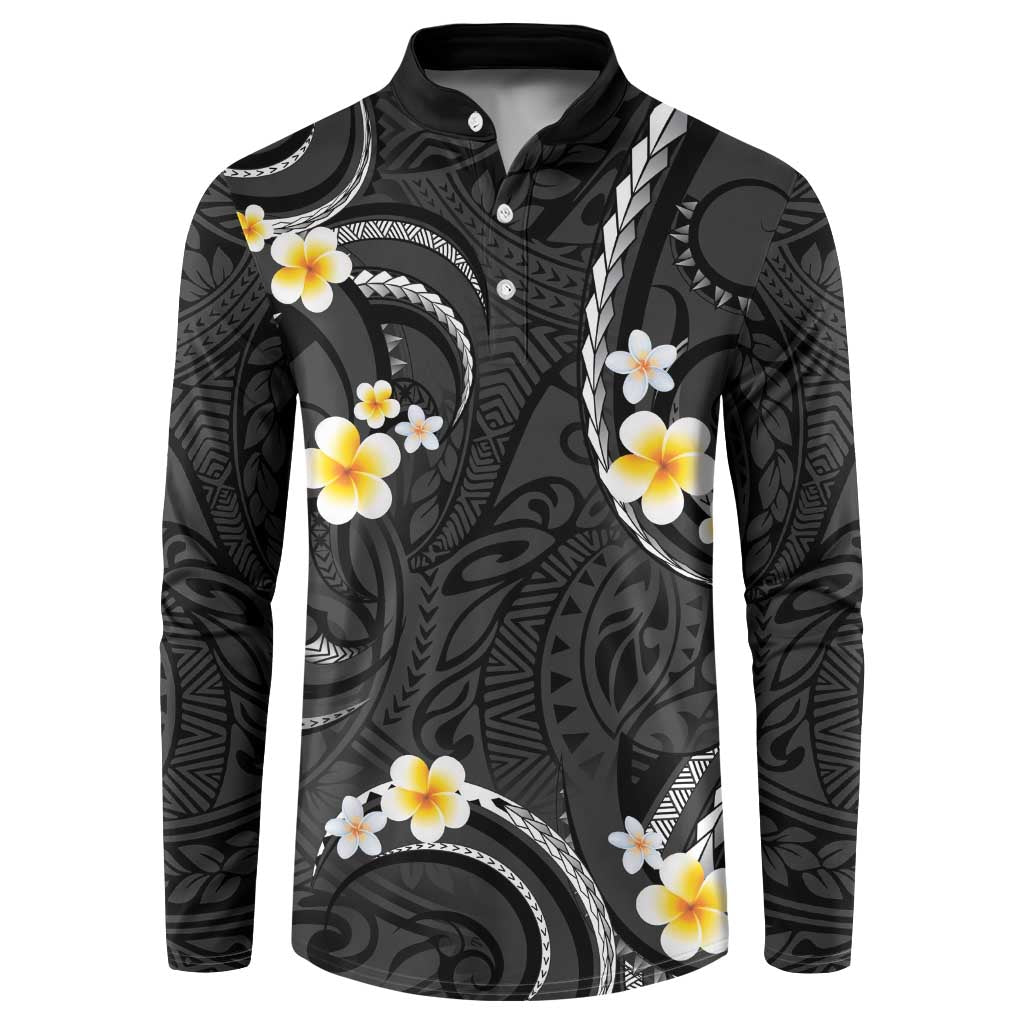 Black And Gray Button Sweatshirt Curves Polynesian Tattoo Mix Plumeria Flowers