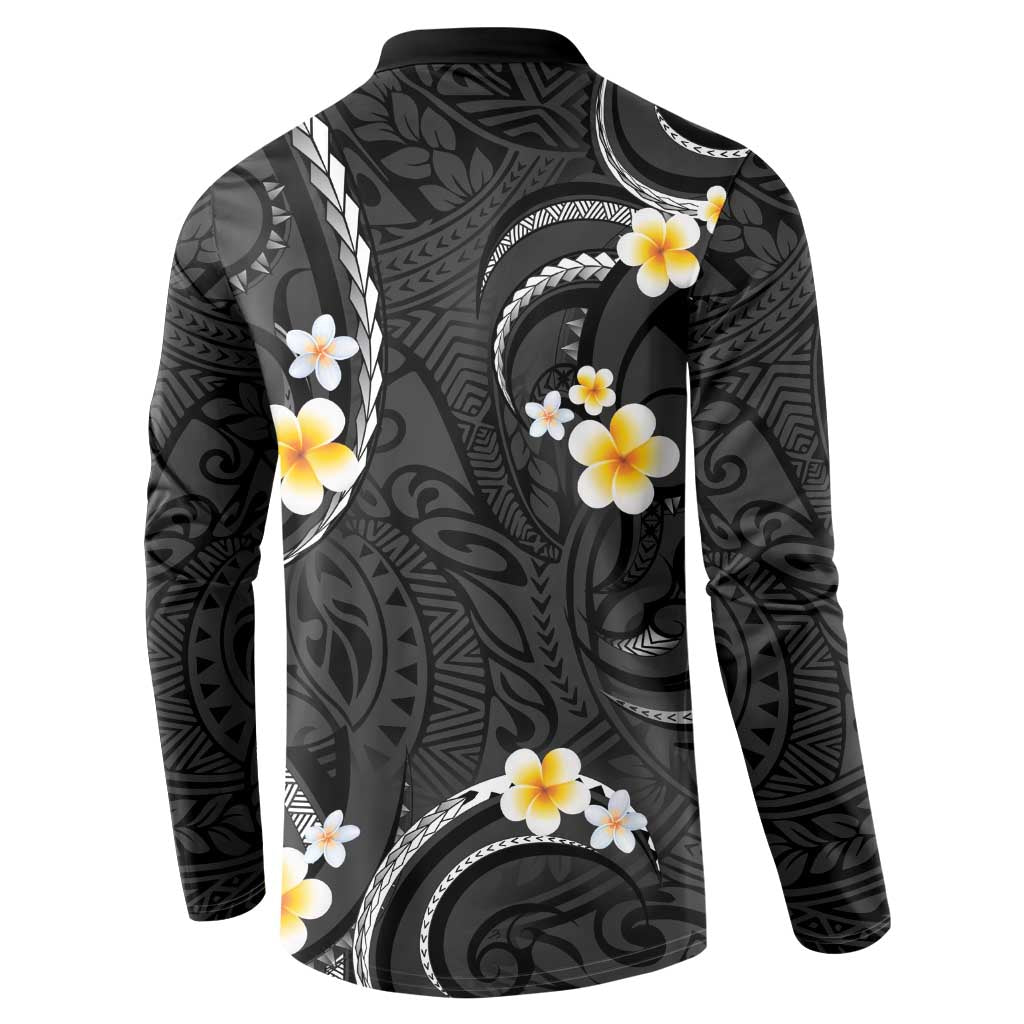 Black And Gray Button Sweatshirt Curves Polynesian Tattoo Mix Plumeria Flowers