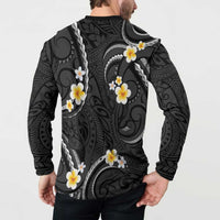 Black And Gray Button Sweatshirt Curves Polynesian Tattoo Mix Plumeria Flowers