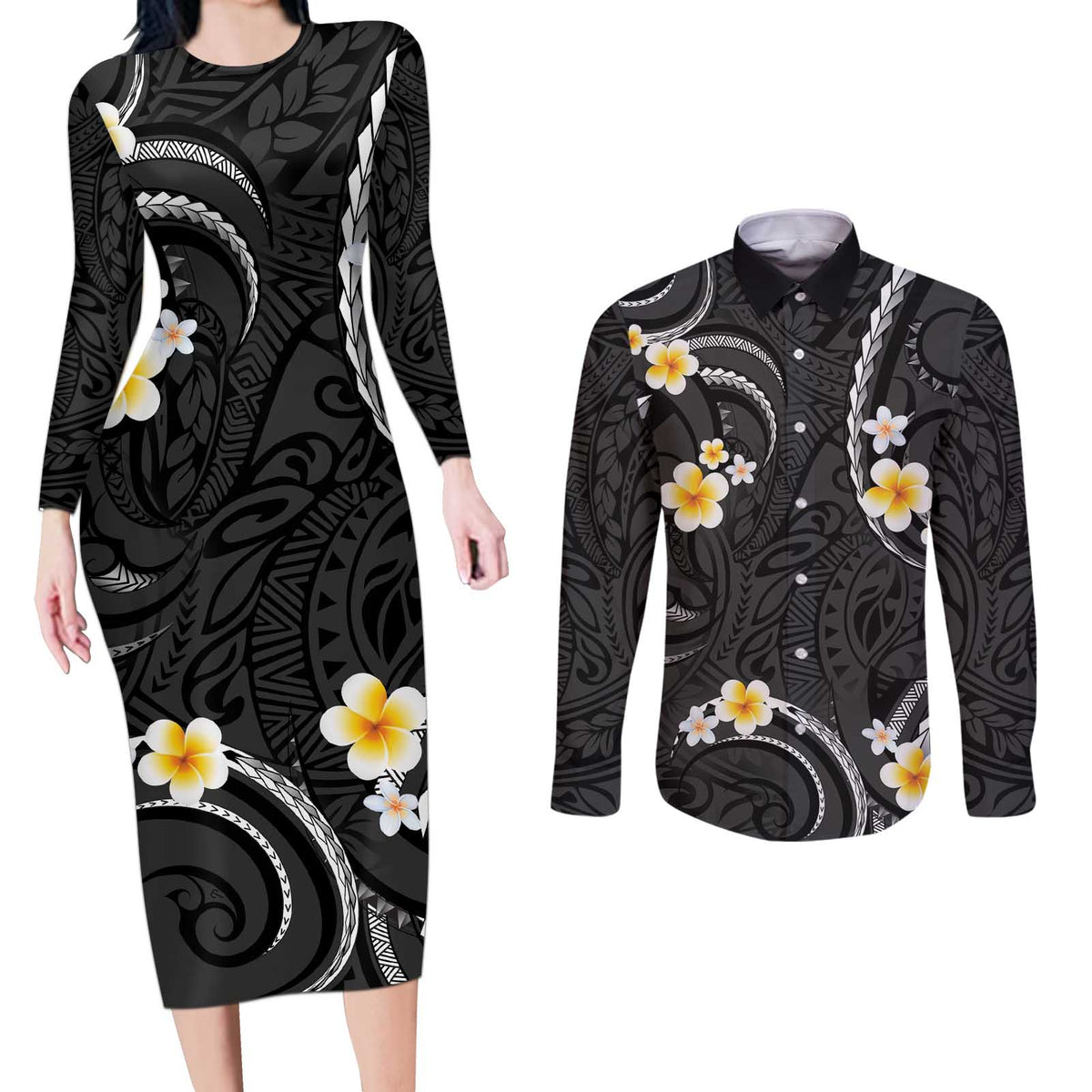 Black And Gray Couples Matching Long Sleeve Bodycon Dress and Long Sleeve Button Shirt Curves Polynesian Tattoo Mix Plumeria Flowers