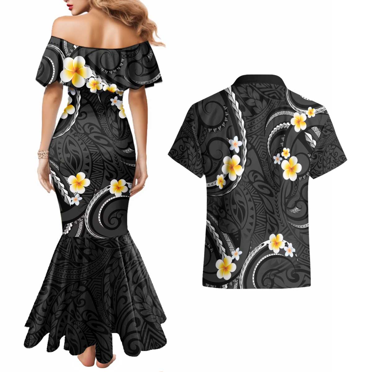 Black And Gray Couples Matching Mermaid Dress and Hawaiian Shirt Curves Polynesian Tattoo Mix Plumeria Flowers