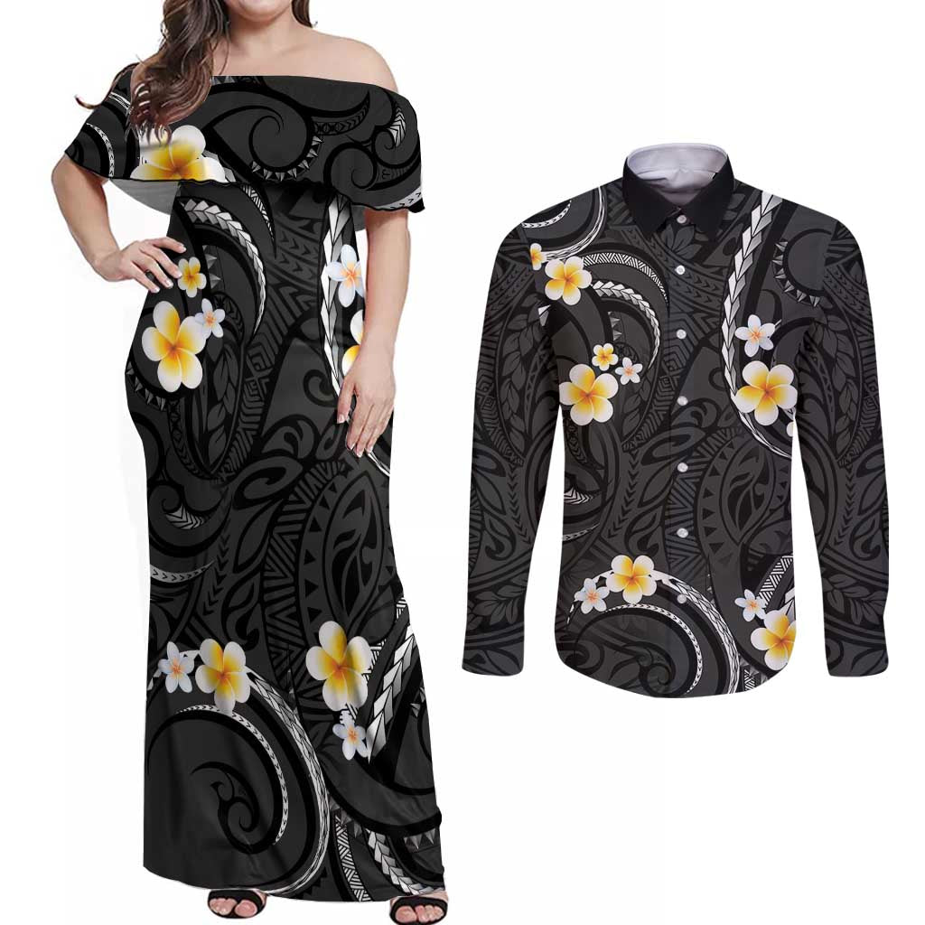 Black And Gray Couples Matching Off Shoulder Maxi Dress and Long Sleeve Button Shirt Curves Polynesian Tattoo Mix Plumeria Flowers