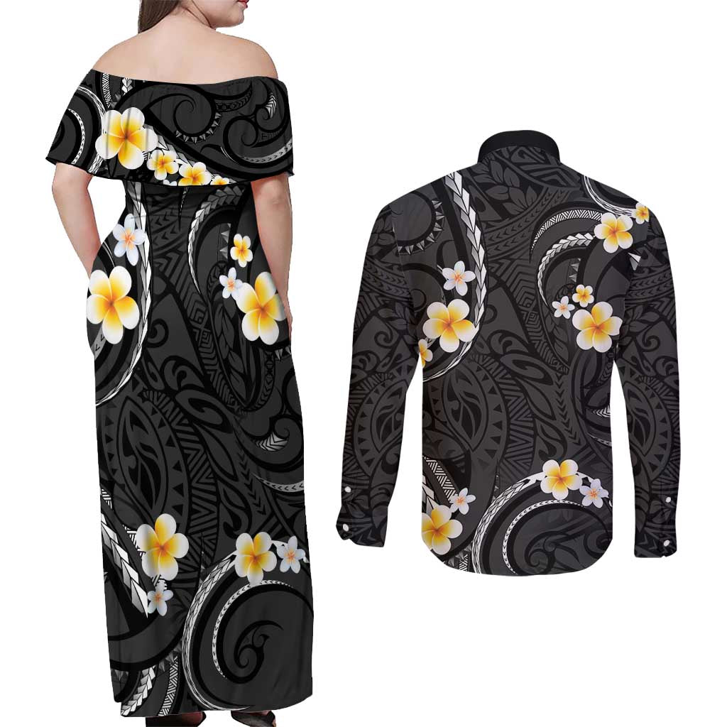 Black And Gray Couples Matching Off Shoulder Maxi Dress and Long Sleeve Button Shirt Curves Polynesian Tattoo Mix Plumeria Flowers