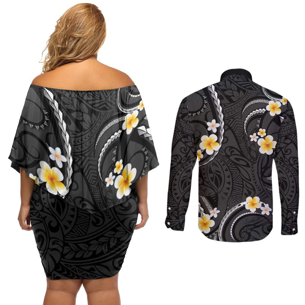 Black And Gray Couples Matching Off Shoulder Short Dress and Long Sleeve Button Shirt Curves Polynesian Tattoo Mix Plumeria Flowers
