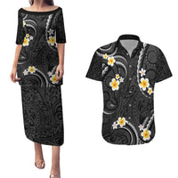 Black And Gray Couples Matching Puletasi and Hawaiian Shirt Curves Polynesian Tattoo Mix Plumeria Flowers