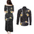 Black And Gray Couples Matching Puletasi and Long Sleeve Button Shirt Curves Polynesian Tattoo Mix Plumeria Flowers