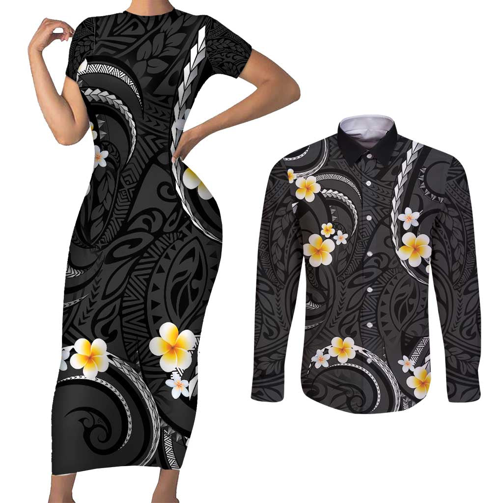 Black And Gray Couples Matching Short Sleeve Bodycon Dress and Long Sleeve Button Shirt Curves Polynesian Tattoo Mix Plumeria Flowers