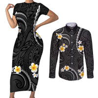 Black And Gray Couples Matching Short Sleeve Bodycon Dress and Long Sleeve Button Shirt Curves Polynesian Tattoo Mix Plumeria Flowers