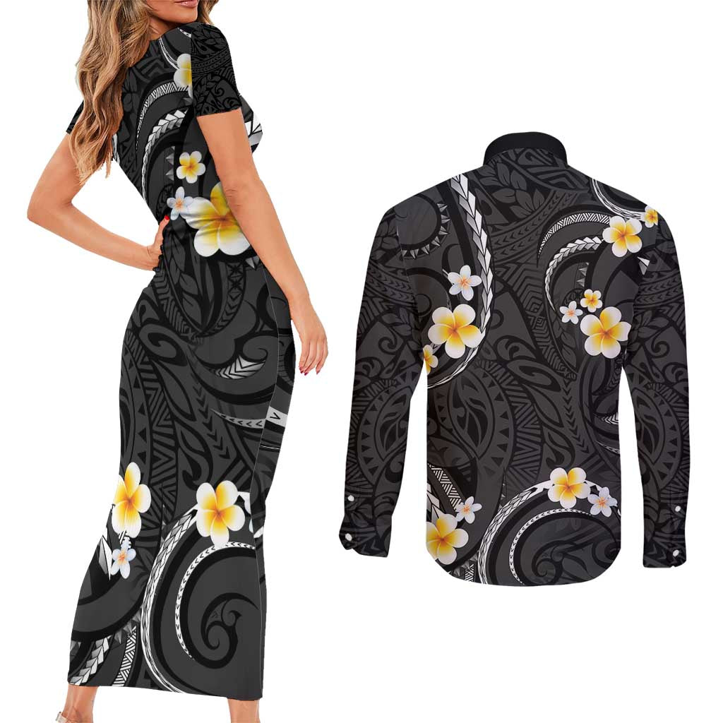 Black And Gray Couples Matching Short Sleeve Bodycon Dress and Long Sleeve Button Shirt Curves Polynesian Tattoo Mix Plumeria Flowers