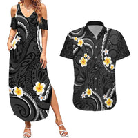 Black And Gray Couples Matching Summer Maxi Dress and Hawaiian Shirt Curves Polynesian Tattoo Mix Plumeria Flowers