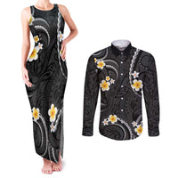 Black And Gray Couples Matching Tank Maxi Dress and Long Sleeve Button Shirt Curves Polynesian Tattoo Mix Plumeria Flowers