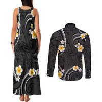 Black And Gray Couples Matching Tank Maxi Dress and Long Sleeve Button Shirt Curves Polynesian Tattoo Mix Plumeria Flowers