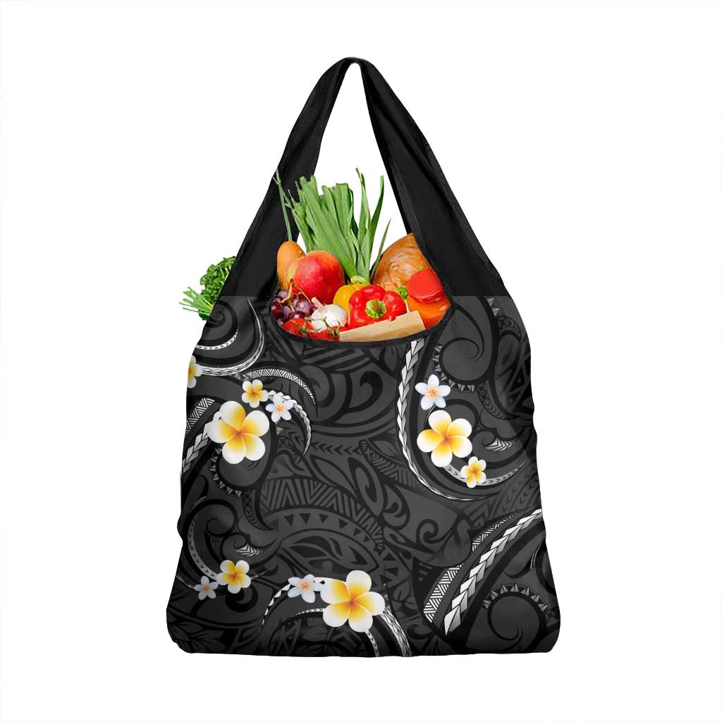 Black And Gray Grocery Bag Curves Polynesian Tattoo Mix Plumeria Flowers