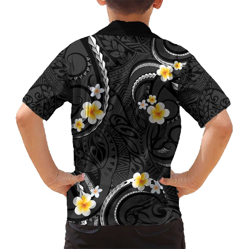 Black And Gray Kid Hawaiian Shirt Curves Polynesian Tattoo Mix Plumeria Flowers