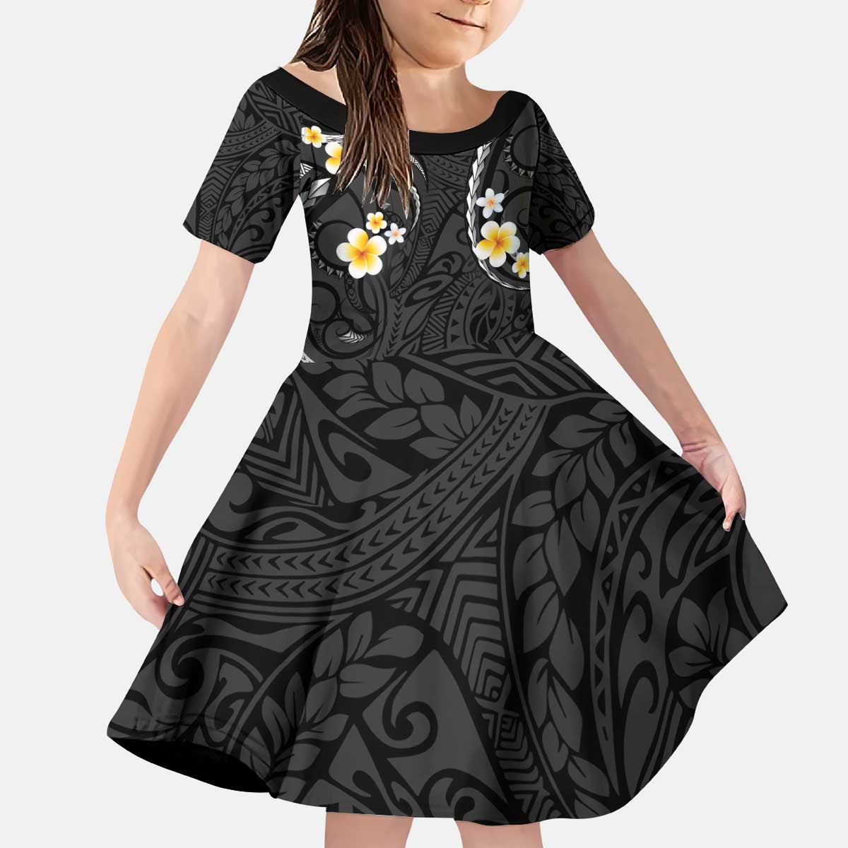 Black And Gray Kid Short Sleeve Dress Curves Polynesian Tattoo Mix Plumeria Flowers