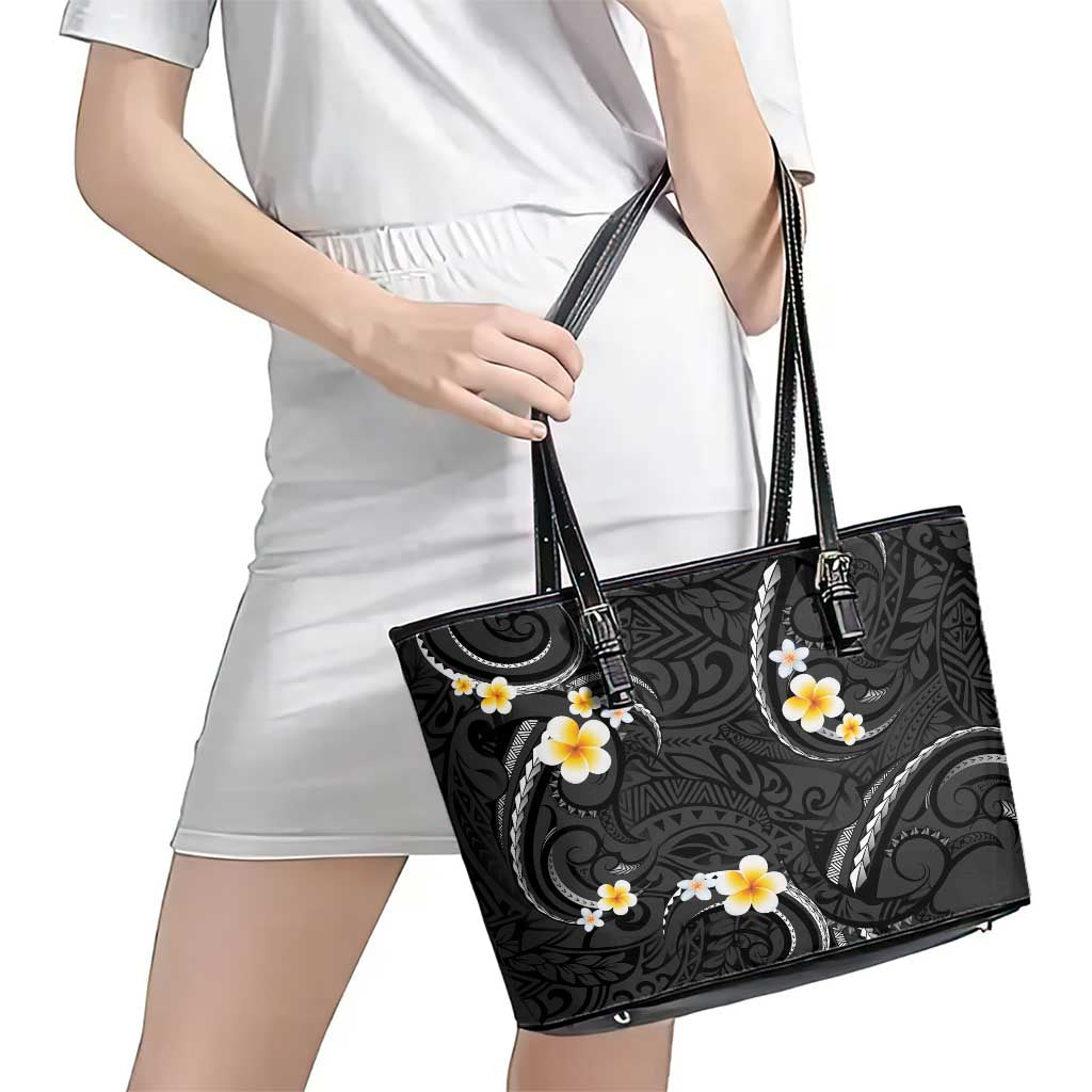 Black And Gray Leather Tote Bag Curves Polynesian Tattoo Mix Plumeria Flowers